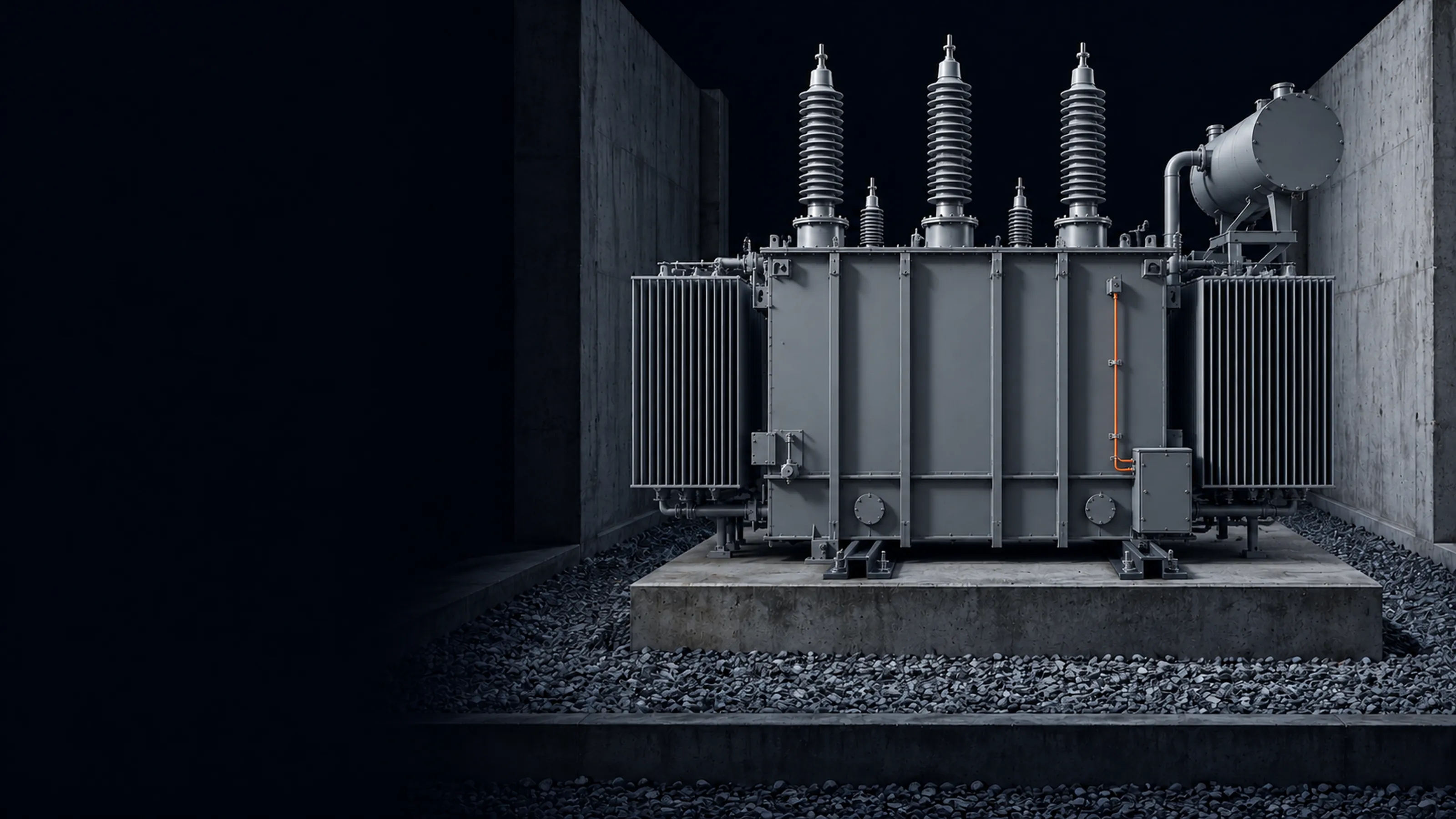 The same bay with a new transformer standing on the plinth, grey composite bushings on its tank and a thin coral sampling line down its tank wall.