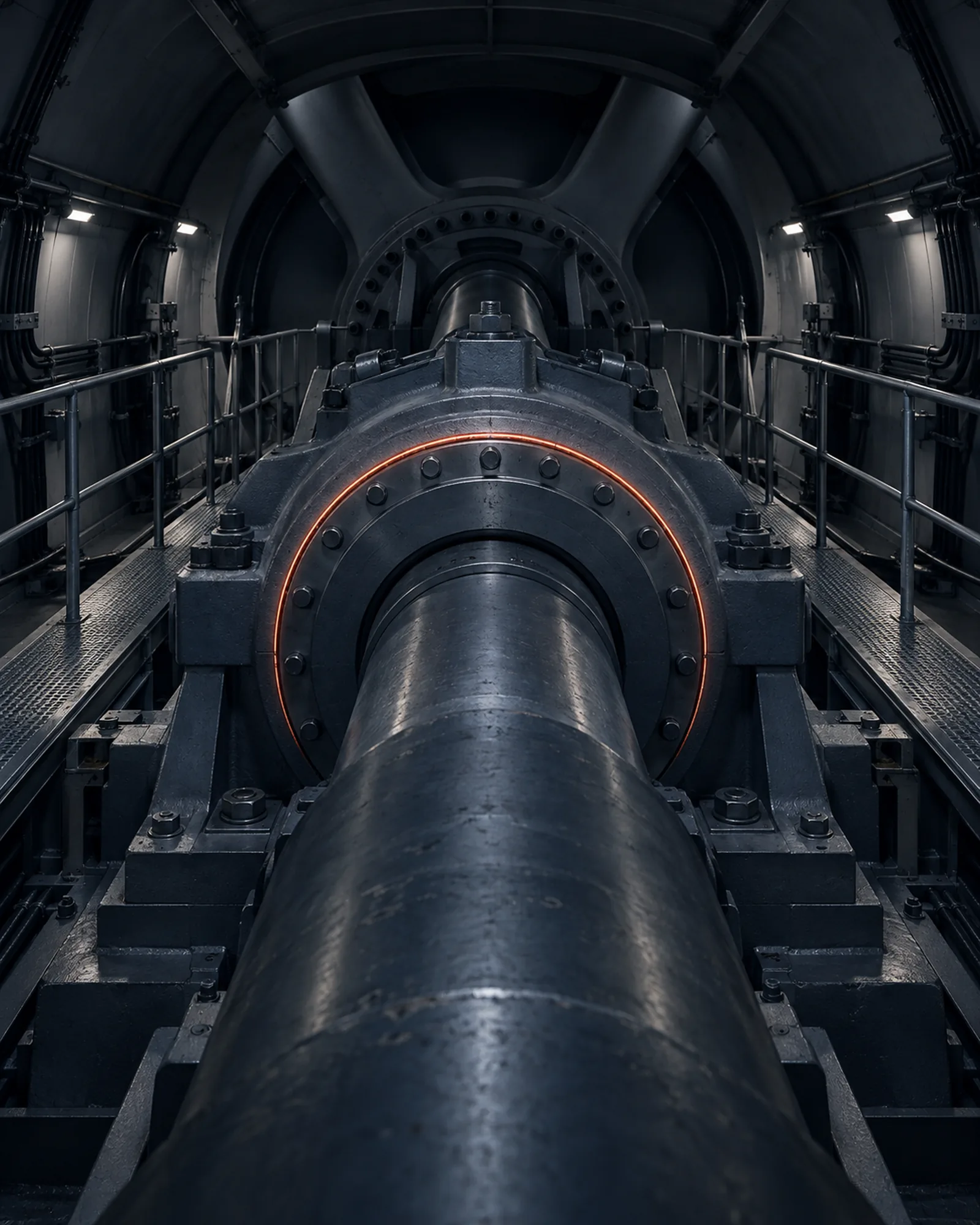 Inside the nacelle of a wind turbine, looking along the main shaft to the hub, a thin coral ring of light around the main bearing housing.
