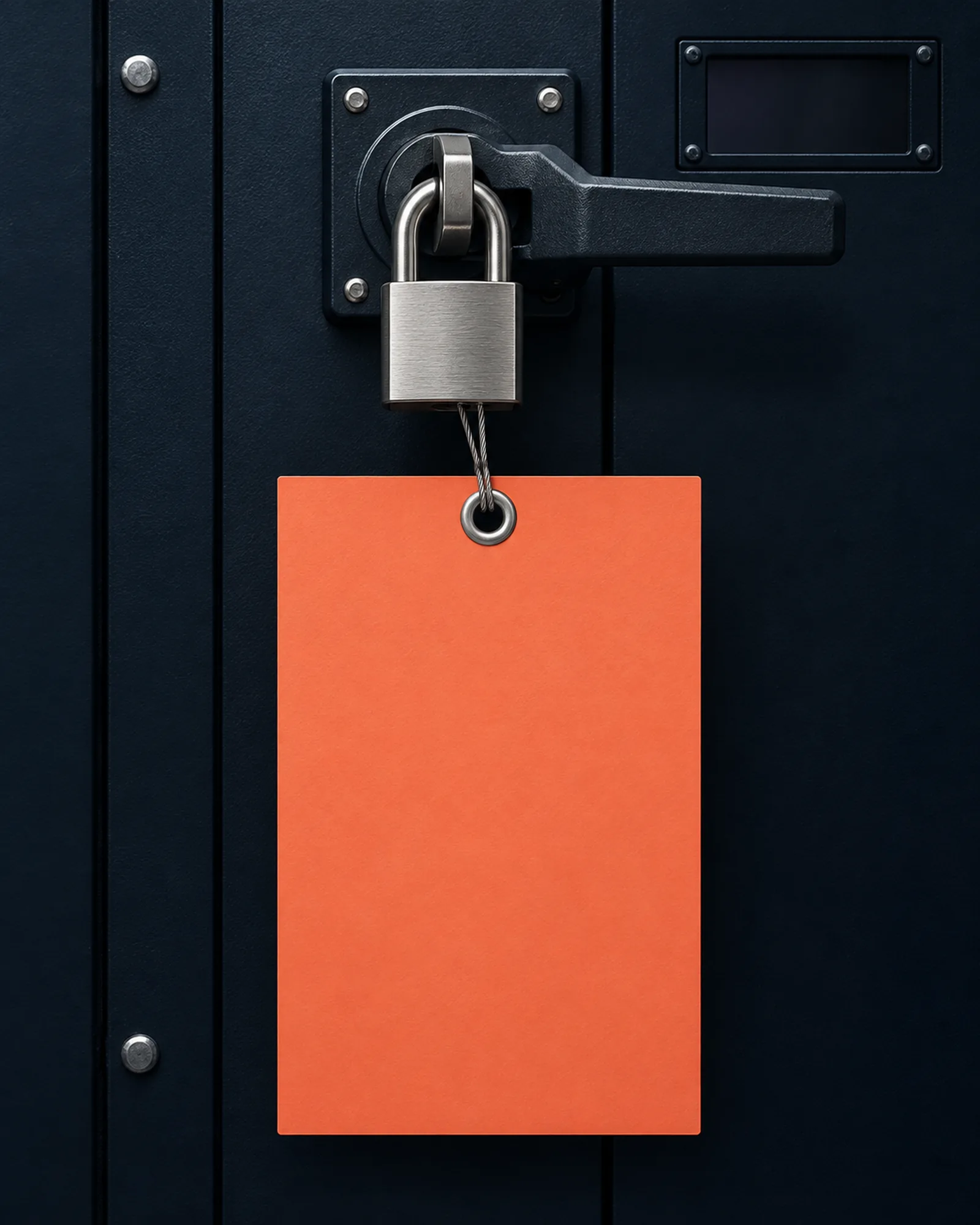 A steel padlock on the operating handle of a switchgear isolator, with a coral lockout tag hanging from it that reads Permit open.