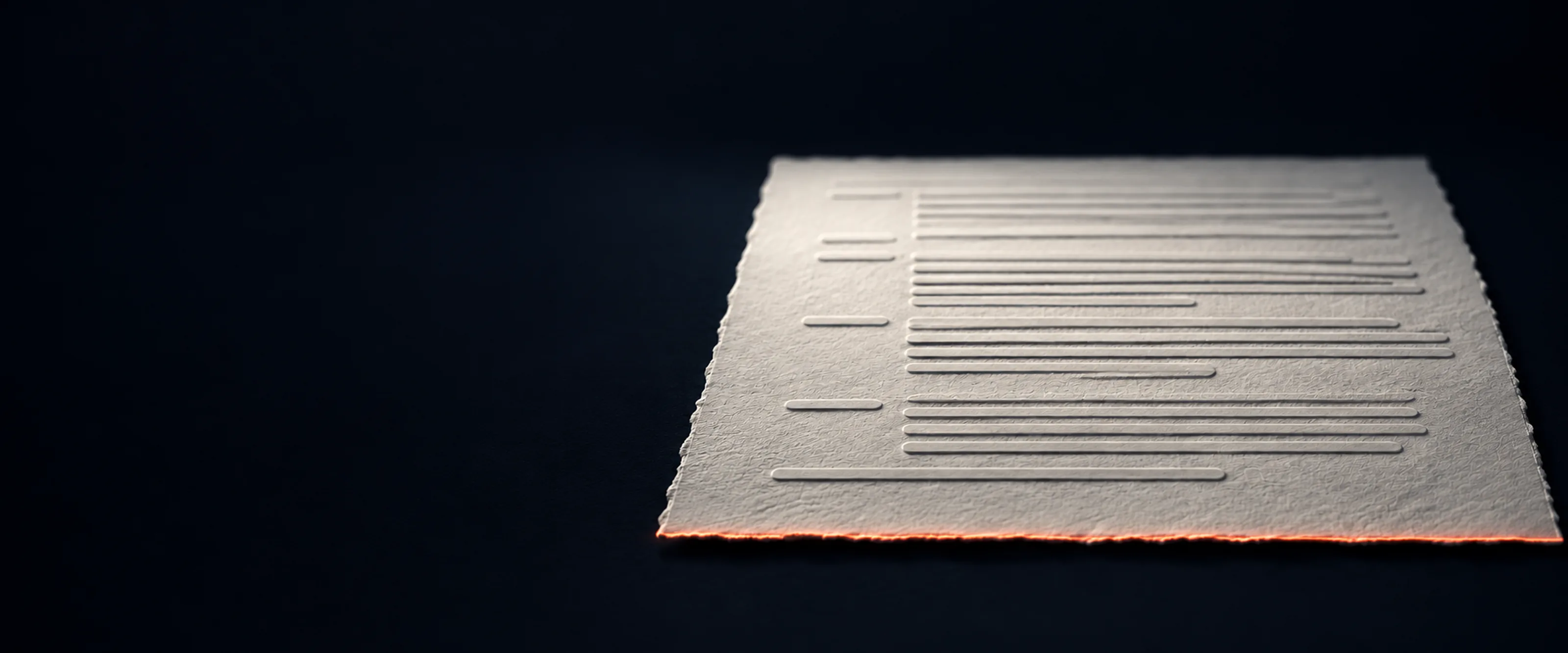 The same pressed sheet seen from above, every row now evenly lit, and a short coral line near its foot where a signature would go.