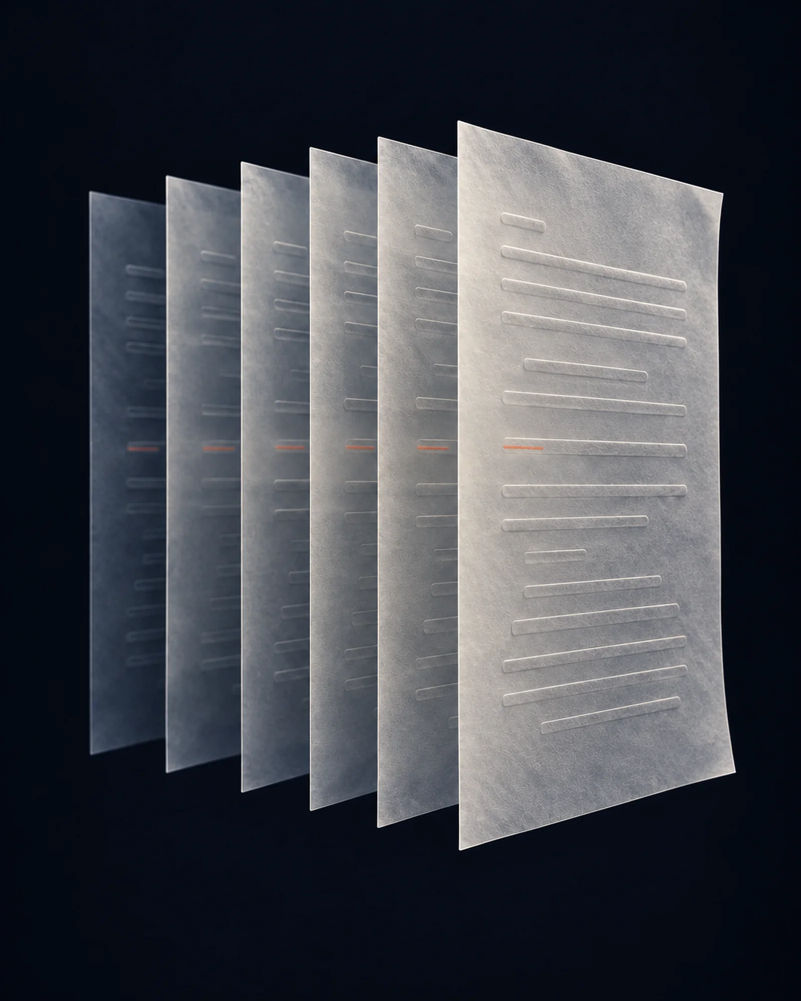 Thin translucent sheets hung in a row in the dark, each pressed with the same blank rows. On every sheet the same row carries a short coral stroke, and the strokes line up through the layers.