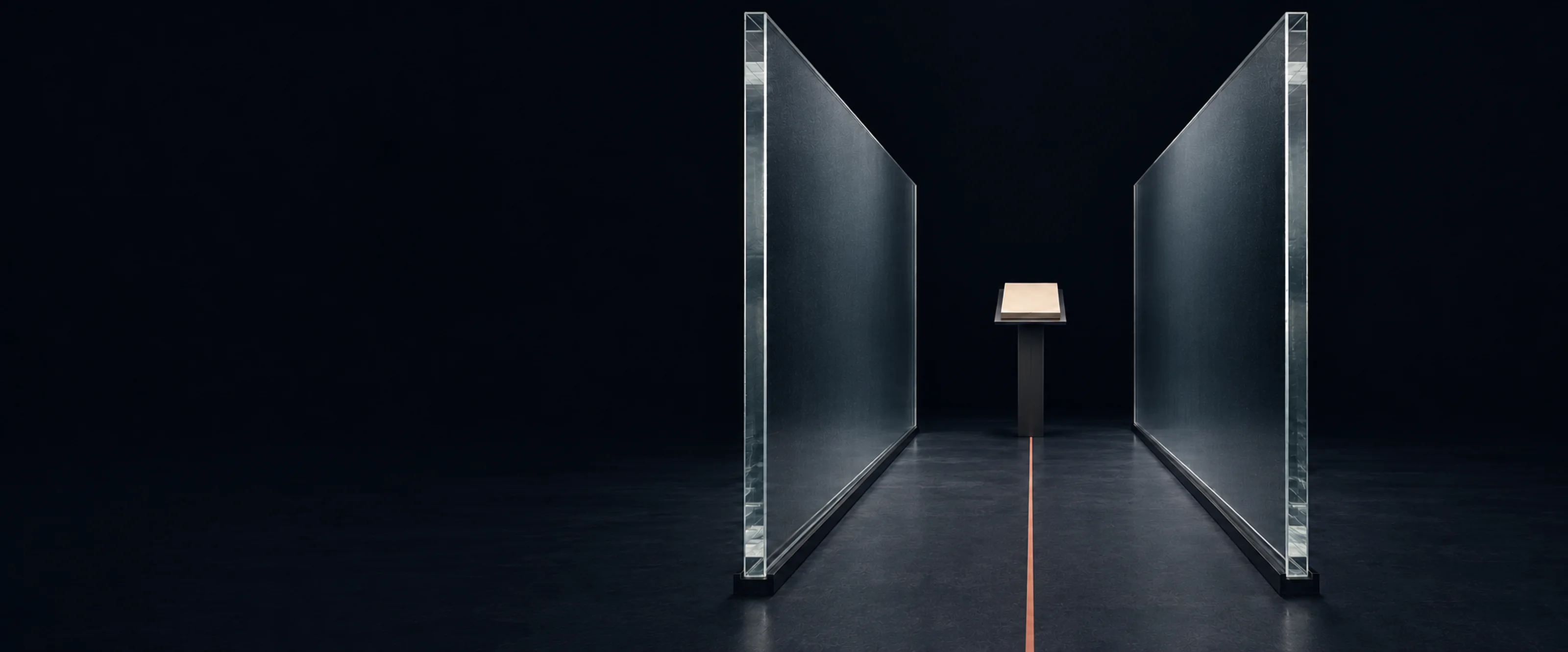 A lane between two slabs of cast glass, seen straight down its length. A coral line in the floor runs to a closed case file under a pool of light at the far end.