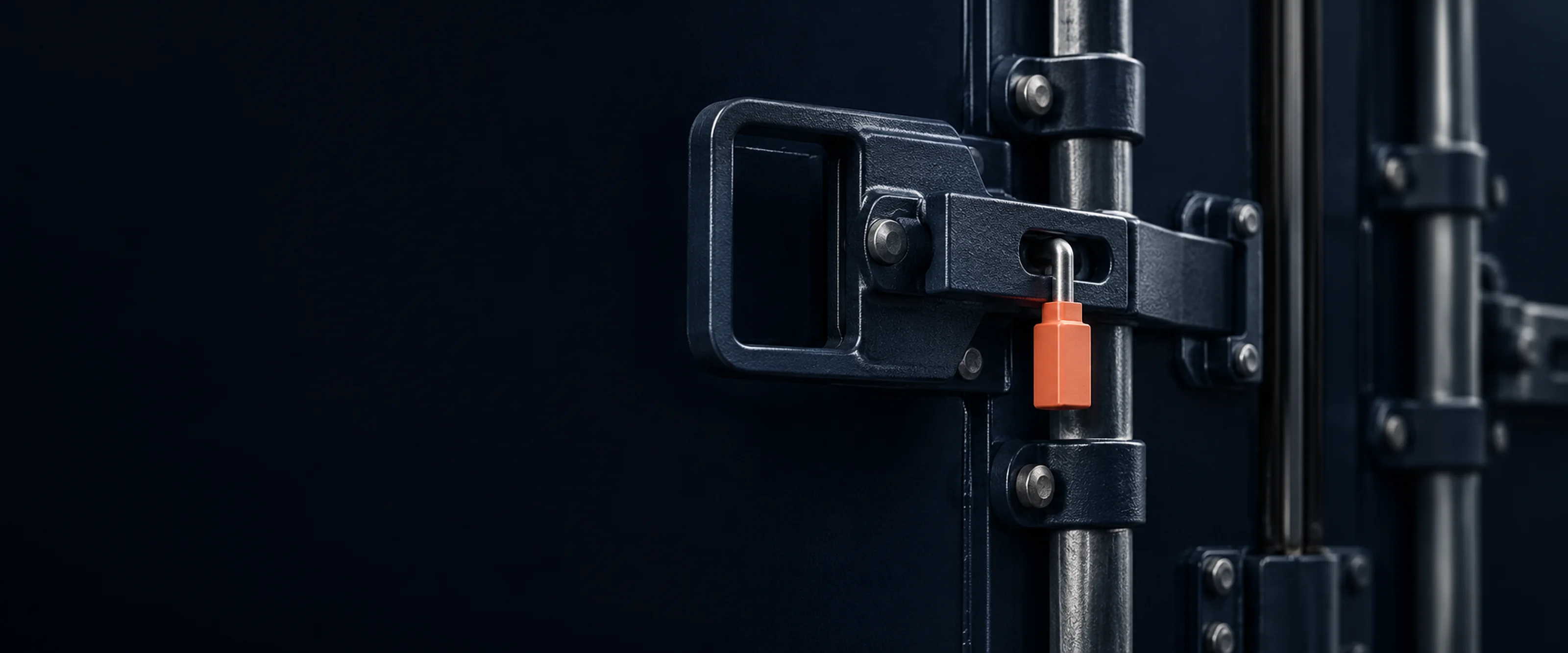Close view of a container door's locking bar and handle in dark steel, sealed with a coral bolt seal.