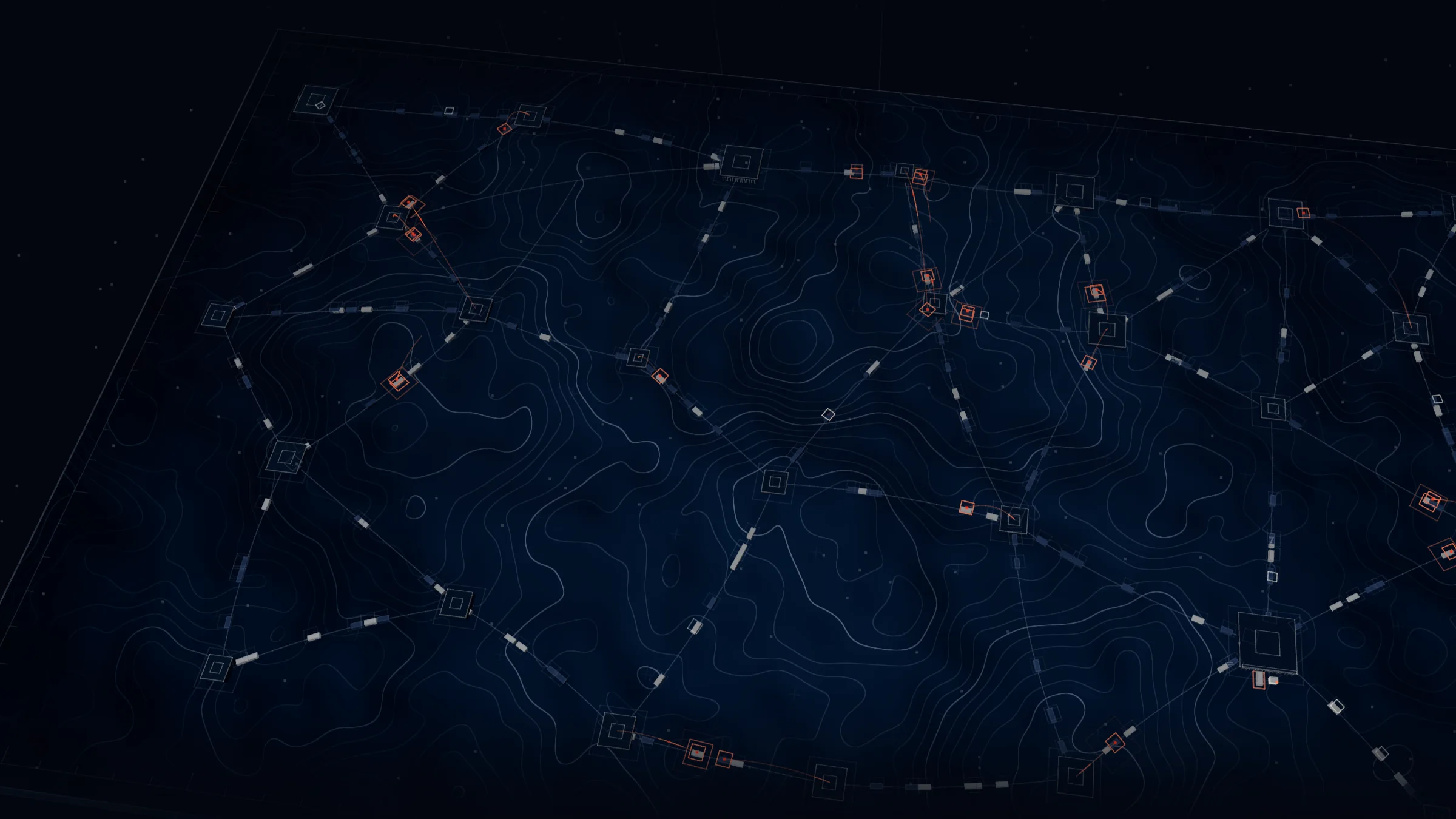 A dark engraved network plate at night with hundreds of small loads on fine routes. Small coral squares mark the stalled loads being worked across the network.