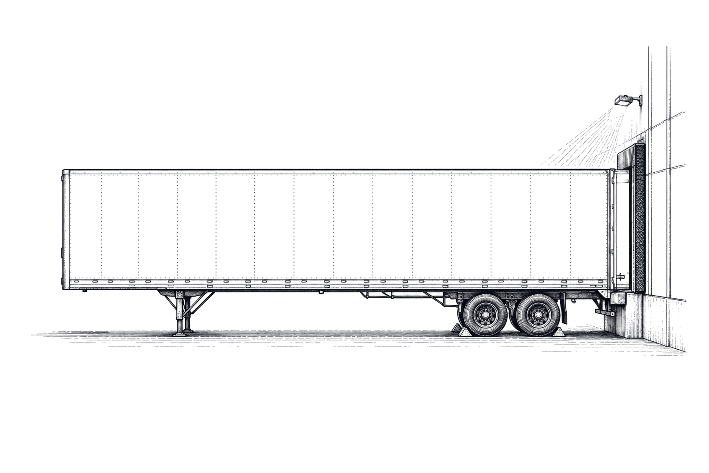 Ink drawing of a trailer backed into a dock door at night. The dock light is on and the apron is empty.