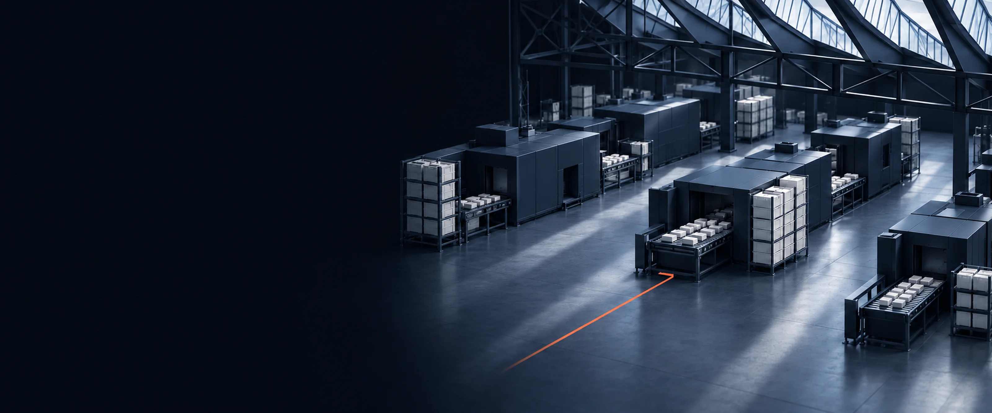 A machine hall at first light under a sawtooth roof. Pale light falls across the machine cells, and a short coral line on the floor ends at a machine's input.