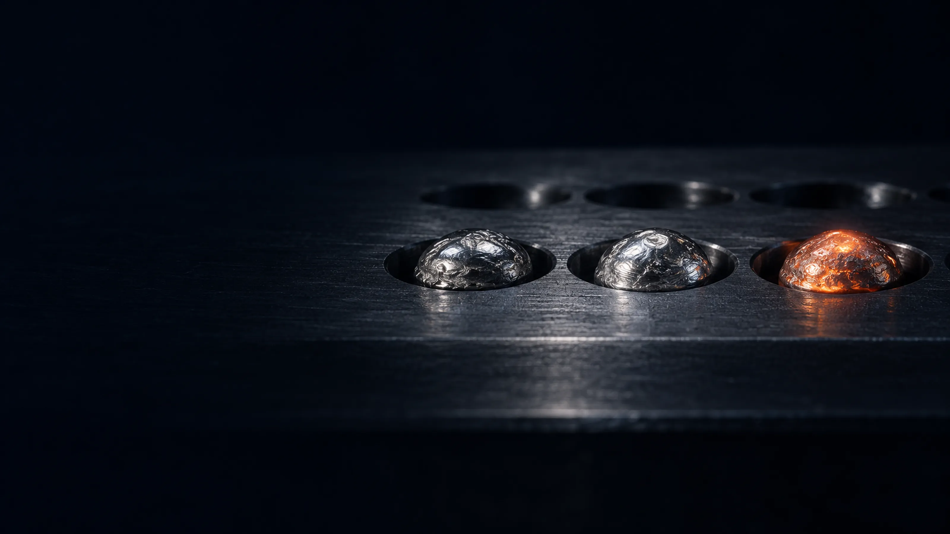 Three freshly arc-melted metal buttons in a row of pockets on a dark hearth plate, seen at eye level, the newest still glowing coral and the pockets behind them empty.