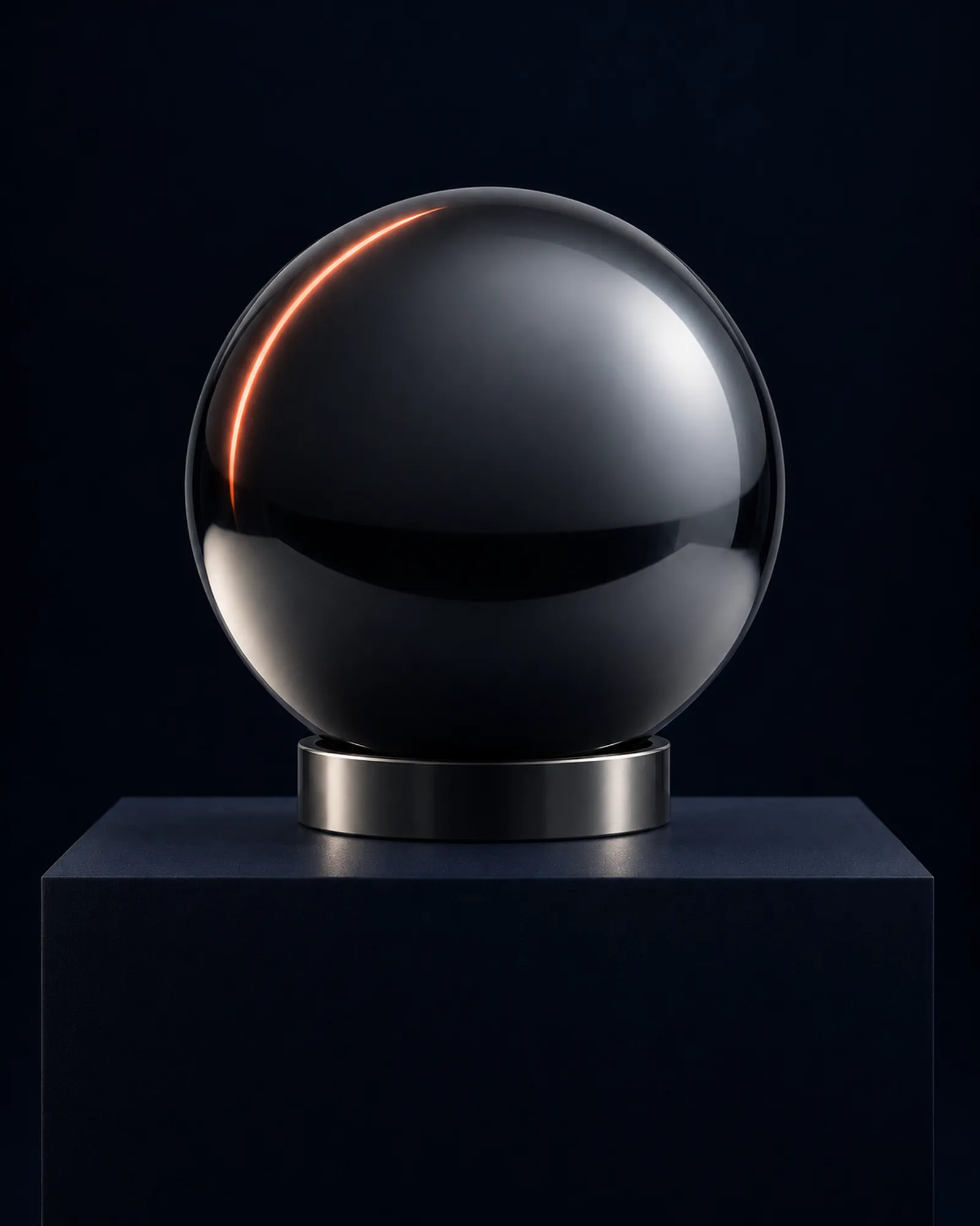 A polished single-crystal silicon sphere resting in a low steel ring on a dark plinth, a thin coral line of light reflected across its upper left.