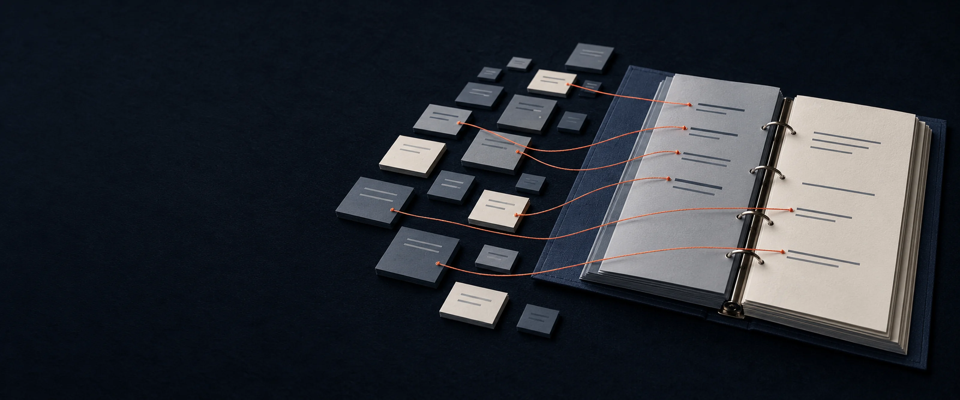 An open ring binder on dark felt. Fine coral threads run from figures on its pages to the small source slips laid out beside it.