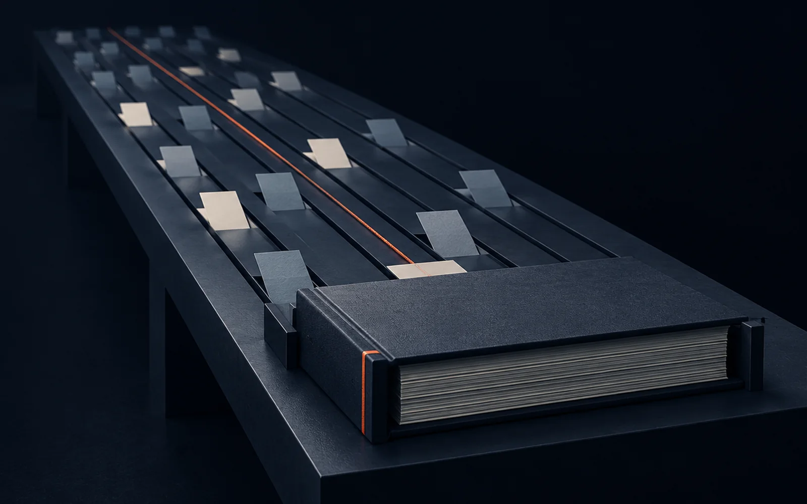Lanes of paper slips moving toward a bound binder on a long dark table, a coral thread along the middle lane.