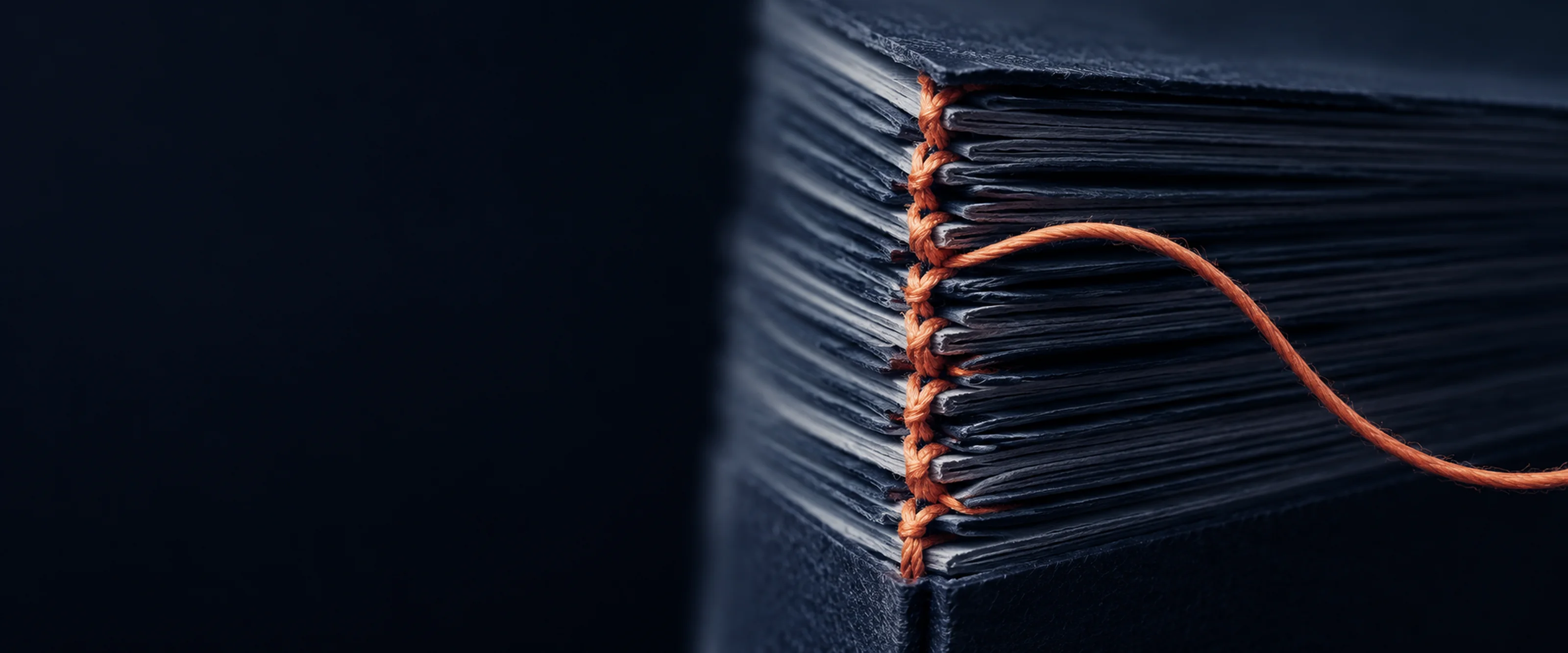 Close view of a thick binder's spine, its dark pages sewn together by a coral thread that leaves the last stitch in a long curve.