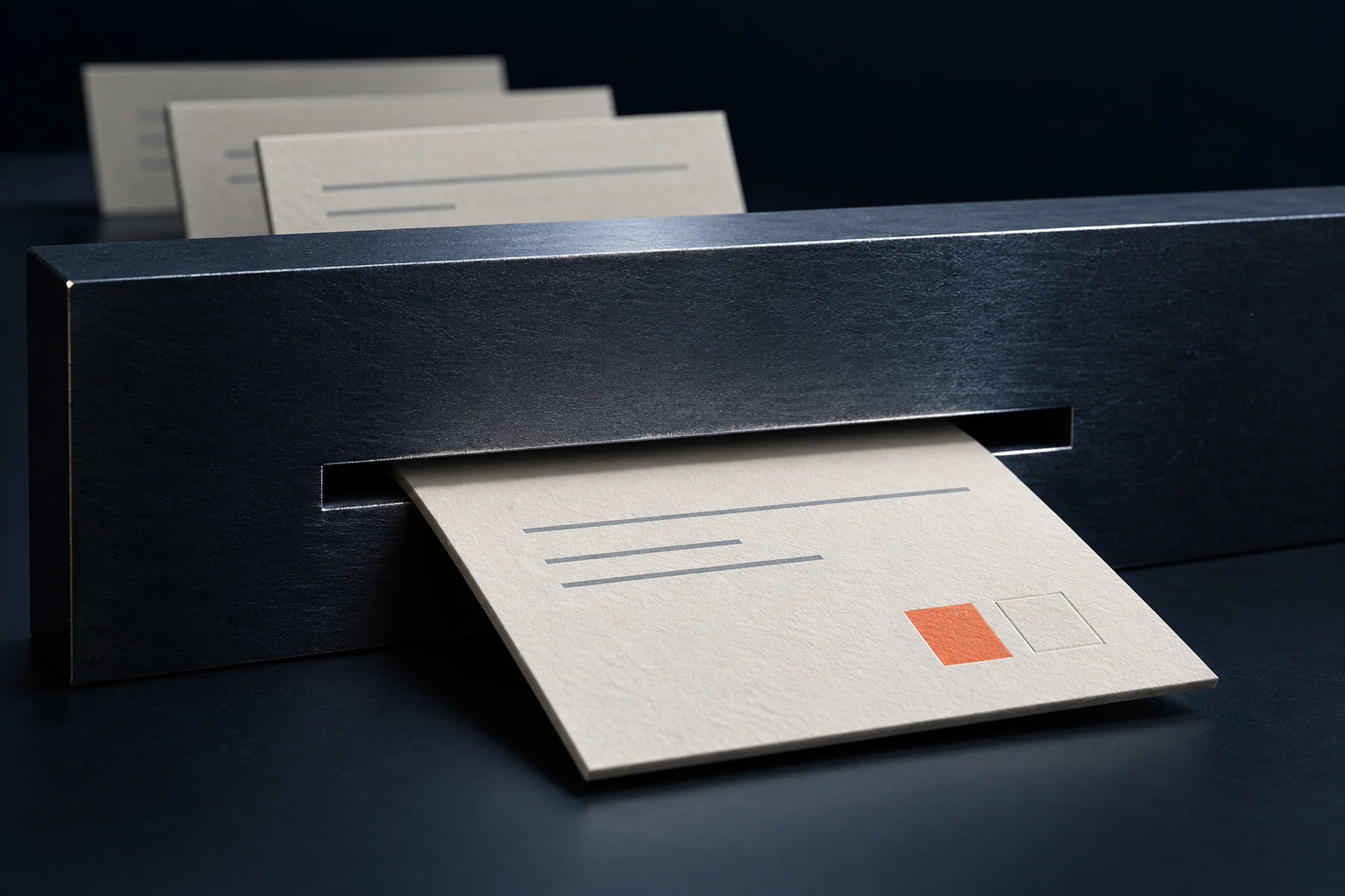 A sheet of paper passing through a narrow slot cut in a dark steel plate, two square seals at its foot, coral and ivory. More sheets wait behind.