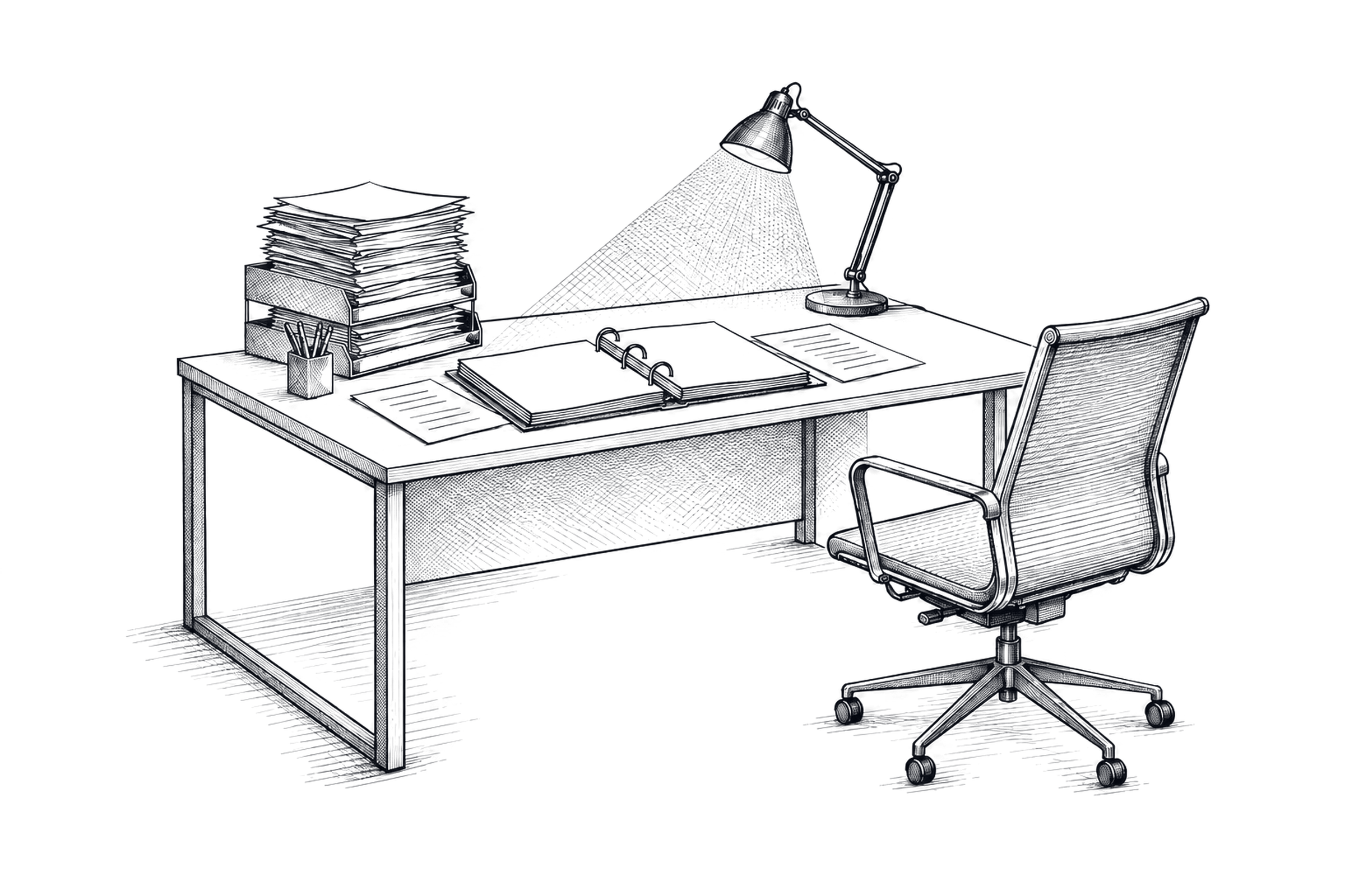 Ink drawing of an empty finance desk at night: the lamp still on, the review notes stacked high, the chair pushed back.