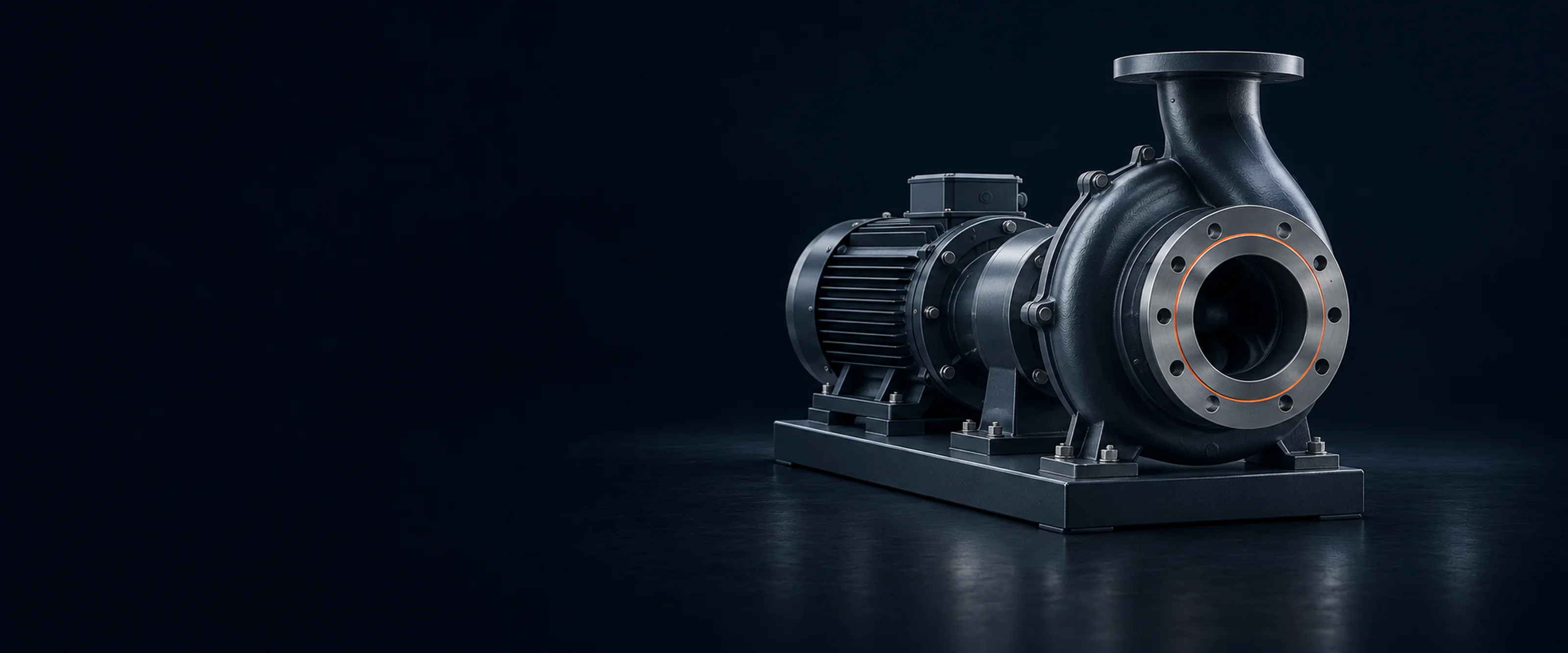 The same pump assembled on its baseplate, seen from the suction side in a dark studio, a thin coral gasket ring on the suction flange.