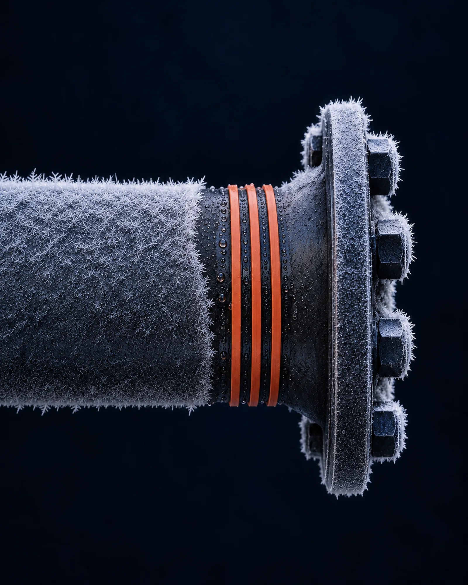 A frosted steel pipe and flange in a dark climate chamber. Flat coral heat-trace ribbons wound round the pipe have melted the frost back to bare metal beside them.