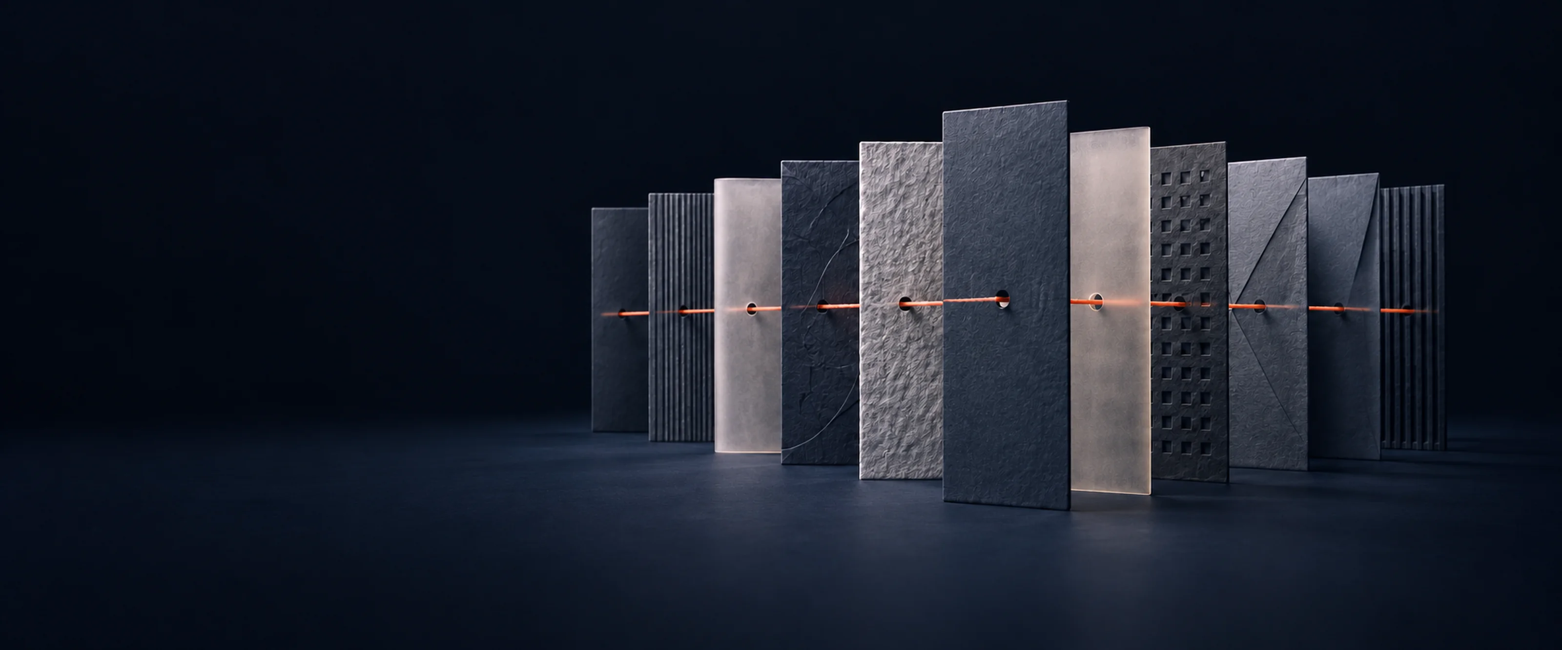 Eleven slender paper panels standing in a row on a dark field, a fine coral filament running through every panel.
